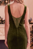 Burgundy Velvet Sheath Bateau Neck Lace Long Holiday Party Dress with Slit