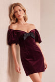 Burgundy Velvet Bodycon Off the Shoulder Puff Sleeves Short Holiday Party Dress with Bow