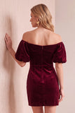 Burgundy Velvet Bodycon Off the Shoulder Puff Sleeves Short Holiday Party Dress with Bow