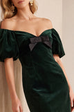 Burgundy Velvet Bodycon Off the Shoulder Puff Sleeves Short Holiday Party Dress with Bow