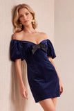 Burgundy Velvet Bodycon Off the Shoulder Puff Sleeves Short Holiday Party Dress with Bow