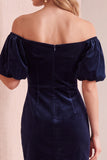 Burgundy Velvet Bodycon Off the Shoulder Puff Sleeves Short Holiday Party Dress with Bow