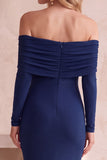 Dark Blue Mermaid Off the Shoulder Ruched Long Sleeves Long Wedding Guest Dress
