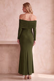 Dark Blue Mermaid Off the Shoulder Ruched Long Sleeves Long Wedding Guest Dress