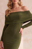 Dark Blue Mermaid Off the Shoulder Ruched Long Sleeves Long Wedding Guest Dress