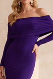 Dark Blue Mermaid Off the Shoulder Ruched Long Sleeves Long Wedding Guest Dress
