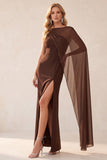 Coffee Sheath Chiffon One Shoulder Long Wedding Guest Dress with Cape