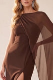 Coffee Sheath Chiffon One Shoulder Long Wedding Guest Dress with Cape
