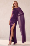 Coffee Sheath Chiffon One Shoulder Long Wedding Guest Dress with Cape