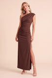 Coffee Sheath One Shoulder Ruched Maxi Wedding Guest Dress with Slit