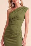 Coffee Sheath One Shoulder Ruched Maxi Wedding Guest Dress with Slit