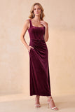 Burgundy Corset Velvet Sheath Square Neck Ruched Long Holiday Party Dress with Pockets
