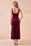 Burgundy Corset Velvet Sheath Square Neck Ruched Long Holiday Party Dress with Pockets