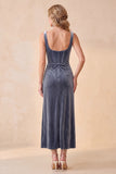 Burgundy Corset Velvet Sheath Square Neck Ruched Long Holiday Party Dress with Pockets