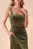 Burgundy Corset Velvet Sheath Square Neck Ruched Long Holiday Party Dress with Pockets
