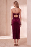 Burgundy Velvet Bodycon Cut Out Strapless Midi Holiday Party Dress with Bow