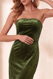 Burgundy Velvet Bodycon Cut Out Strapless Midi Holiday Party Dress with Bow