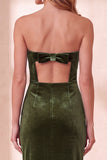 Burgundy Velvet Bodycon Cut Out Strapless Midi Holiday Party Dress with Bow