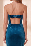Burgundy Velvet Bodycon Cut Out Strapless Midi Holiday Party Dress with Bow
