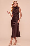 Coffee Sheath Cowl Neck Sleeveless Midi Dress with Lace