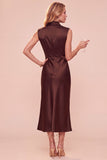 Coffee Sheath Cowl Neck Sleeveless Midi Dress with Lace
