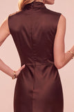 Coffee Sheath Cowl Neck Sleeveless Midi Dress with Lace