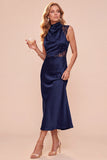 Coffee Sheath Cowl Neck Sleeveless Midi Dress with Lace