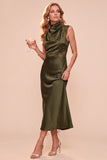 Coffee Sheath Cowl Neck Sleeveless Midi Dress with Lace