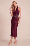 Burgundy Sheath Cowl Halter Satin Midi Wedding Guest Dress with Lace Cut Out