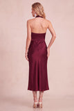 Burgundy Sheath Cowl Halter Satin Midi Wedding Guest Dress with Lace Cut Out