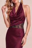 Burgundy Sheath Cowl Halter Satin Midi Wedding Guest Dress with Lace Cut Out