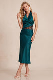 Burgundy Sheath Cowl Halter Satin Midi Wedding Guest Dress with Lace Cut Out