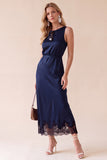 Black Sheath Round Neck Satin Midi Wedding Guest Dress with Lace