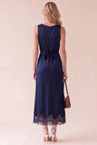 Black Sheath Round Neck Satin Midi Wedding Guest Dress with Lace