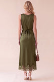 Black Sheath Round Neck Satin Midi Wedding Guest Dress with Lace