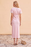 Blush Sheath V-Neck Flutter Sleeves Midi Holiday Party Dress with Lace