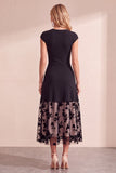 Black A-Line Round Neck Floral Tulle Midi Wedding Guest Dress