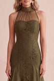Olive Mermaid High Neck Lace High-Low Ruffled Wedding Guest Dress