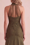 Olive Mermaid High Neck Lace High-Low Ruffled Wedding Guest Dress