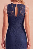 Dark Blue Mermaid Lace Round Neck Sleeveless Midi Wedding Guest Dress with Pockets