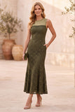 Dark Blue Mermaid Lace Round Neck Sleeveless Midi Wedding Guest Dress with Pockets