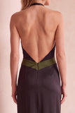 Black and Green Sheath Halter Satin Maxi Wedding Guest Dress