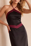 Black and Green Sheath Halter Satin Maxi Wedding Guest Dress