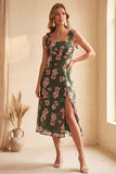 Green A-Line Square Neck Floral Printed Midi Wedding Guest Dress with Slit
