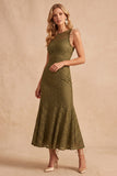 Dark Blue Mermaid Round Neck Ruffled Midi Wedding Guest Dress with Lace