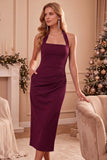 Burgundy Bodycon Halter Ruched Midi Wedding Guest Dress with Pockets