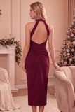 Burgundy Bodycon Halter Ruched Midi Wedding Guest Dress with Pockets