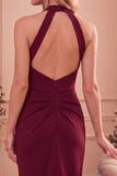 Burgundy Bodycon Halter Ruched Midi Wedding Guest Dress with Pockets