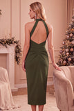 Burgundy Bodycon Halter Ruched Midi Wedding Guest Dress with Pockets