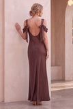 Coffee Sheath Cowl Neck Cold Shoulder Long Wedding Guest Dress